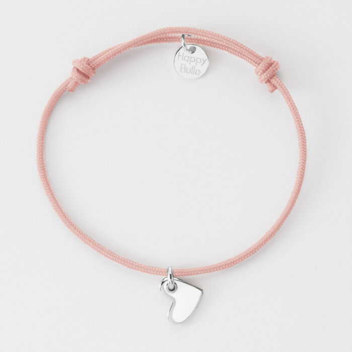 Bracelet coeur email blanc argent 10 mm - cordon rose pastel plat