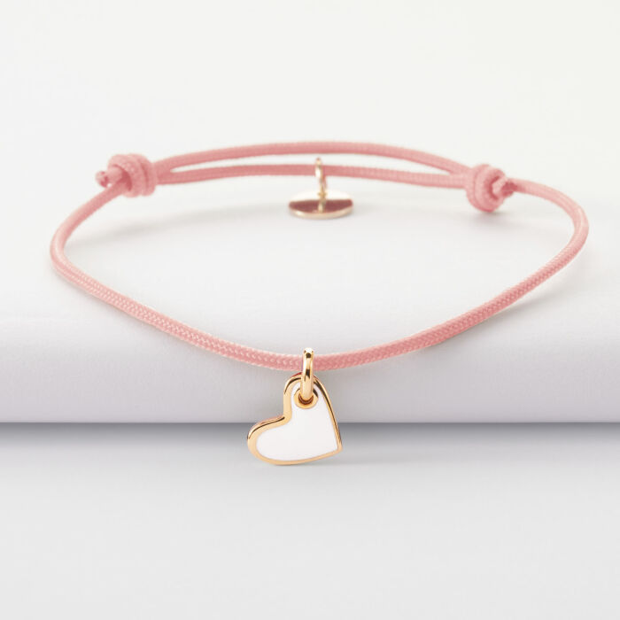 Bracelet enfant coeur email blanc plaqué or 10 mm - cordon rose pastel