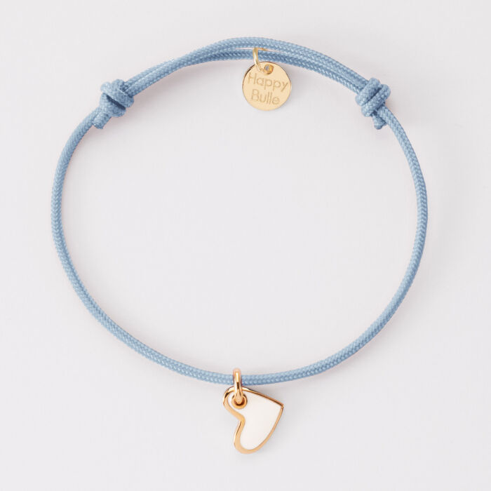 Bracelet enfant coeur email blanc plaqué or 10 mm - cordon bleu ciel plat