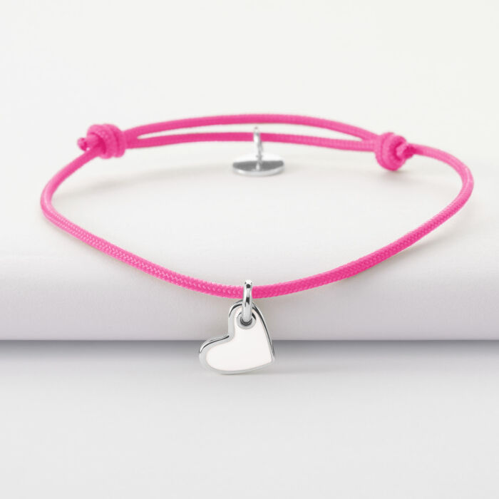 Bracelet enfant coeur email blanc argent 10 mm - cordon rose