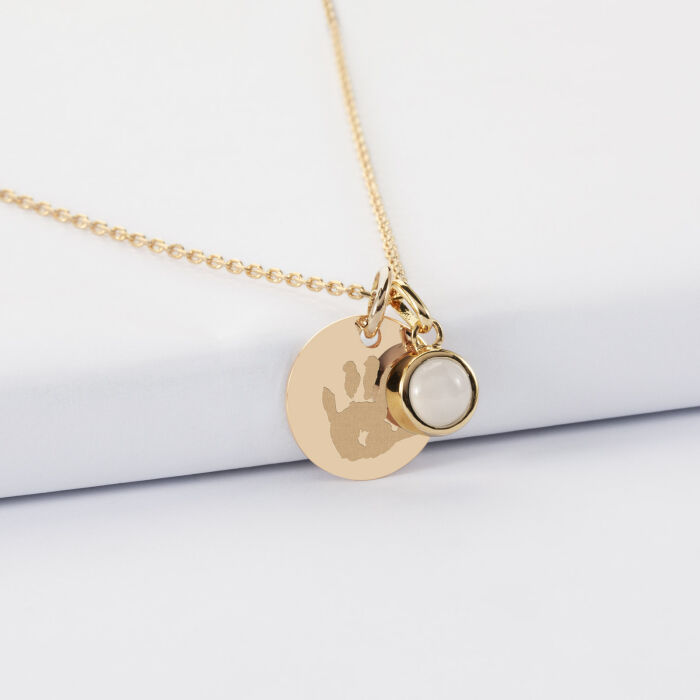 Pendentif personnalisé médaille gravée plaqué or 15 mm et breloque pierre naturelle 8 mm - empreinte