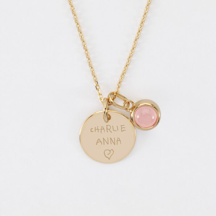 Pendentif personnalisé médaille gravée plaqué or 15 mm et breloque pierre naturelle 8 mm - ecrit