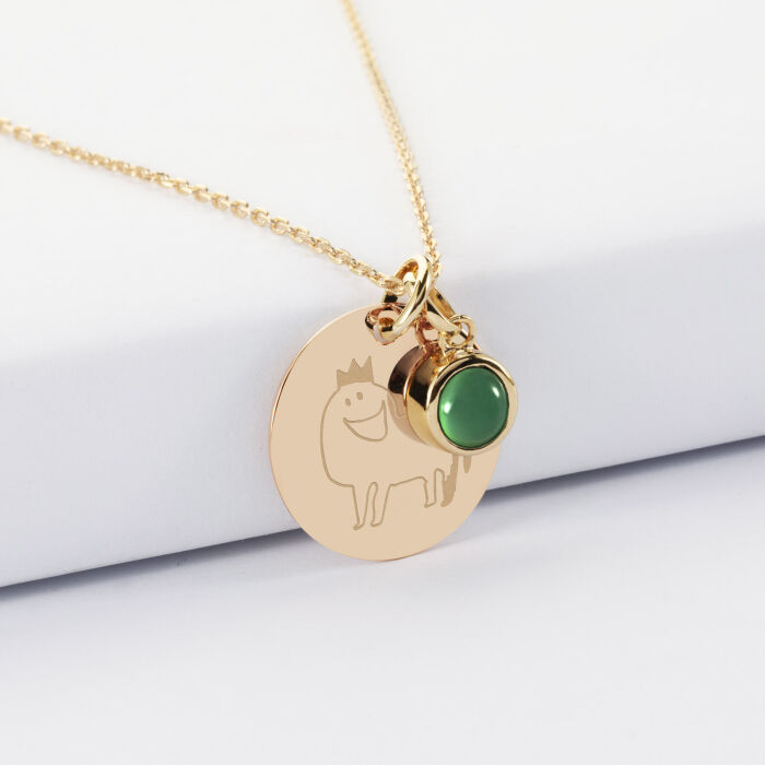 Pendentif personnalisé médaille gravée plaqué or 19 mm et breloque pierre naturelle 8 mm - dessin