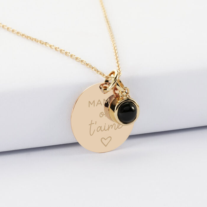 Pendentif personnalisé médaille gravée plaqué or 19 mm et breloque pierre naturelle 8 mm - illustration "Maman on t'aime"