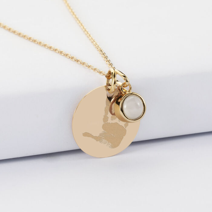Pendentif personnalisé médaille gravée plaqué or 19 mm et breloque pierre naturelle 8 mm - empreinte