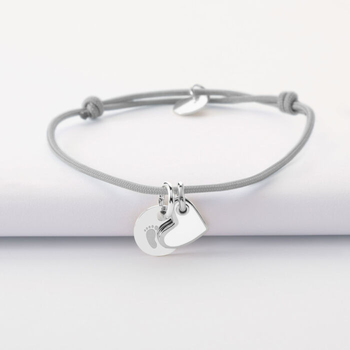 Bracelet personnalisé médaille gravée argent 10 mm et breloque coeur email blanc 10 mm - pictogramme pieds