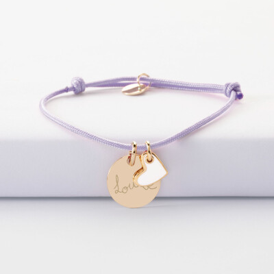 Bracelet enfant personnalisé médaille gravée plaqué or 15 mm et breloque coeur email blanc 10 mm - texte manuscrit