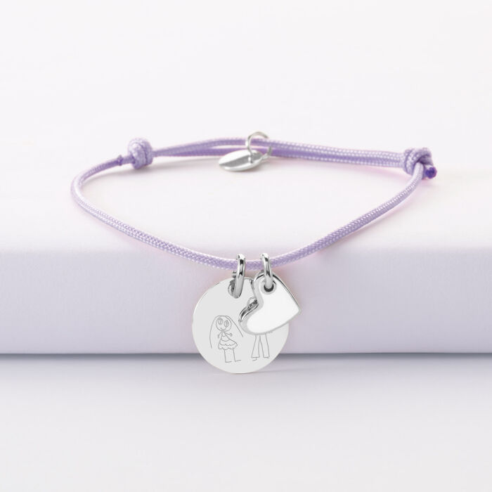 Bracelet enfant personnalisé médaille gravée argent 15 mm et breloque coeur email blanc 10 mm - dessin