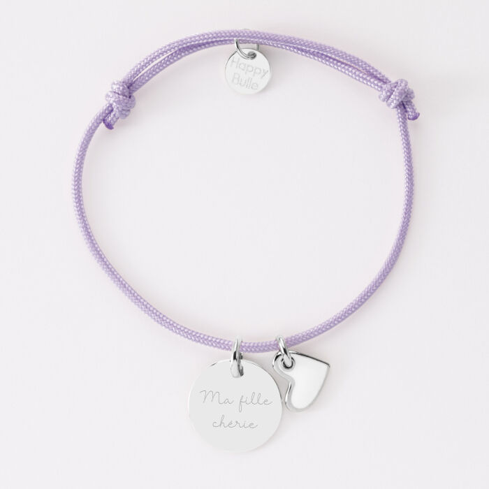 Bracelet enfant personnalisé médaille gravée argent 15 mm et breloque coeur email blanc 10 mm - texte ma fille chérie