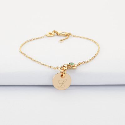 Bracelet chaine talisman vert personnalisé médaille gravée plaqué or 10 mm - L