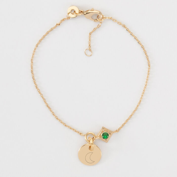 Bracelet chaine talisman vert personnalisé médaille gravée plaqué or 10 mm - picto lune