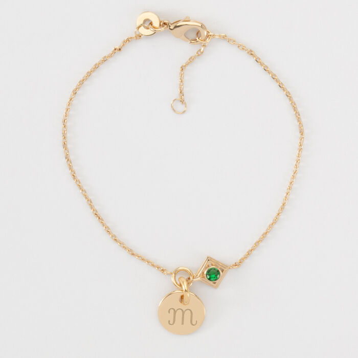 Bracelet chaine talisman vert personnalisé médaille gravée plaqué or 10 mm - M