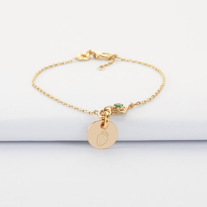 Bracelet chaine talisman vert personnalisé médaille gravée plaqué or 10 mm - picto fraise