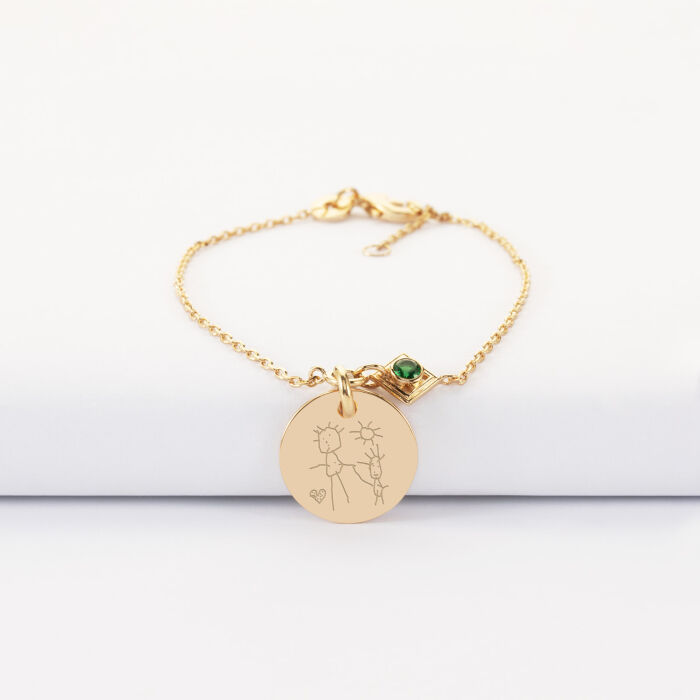 Bracelet chaine talisman vert personnalisé médaille gravée plaqué or 15 mm - dessin