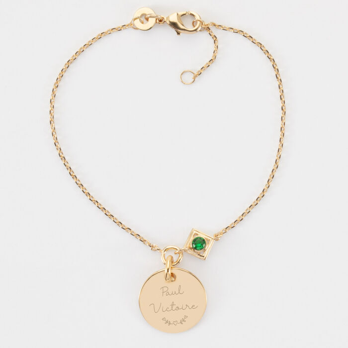 Bracelet chaine talisman vert personnalisé médaille gravée plaqué or 15 mm - texte + pictogramme
