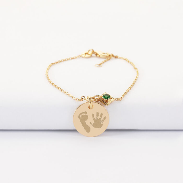 Bracelet chaine talisman vert personnalisé médaille gravée plaqué or 15 mm - empreintes