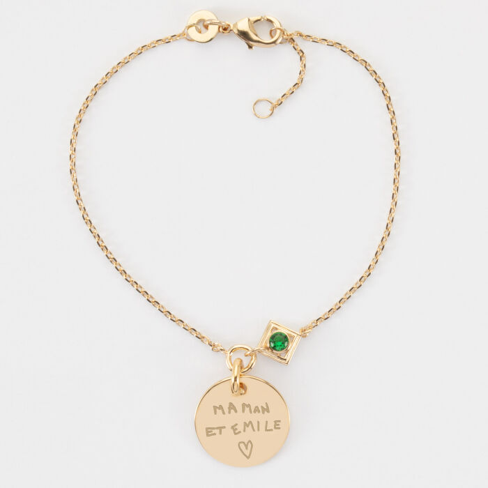 Bracelet chaine talisman vert personnalisé médaille gravée plaqué or 15 mm - écrit