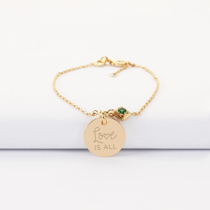 Bracelet chaine talisman vert personnalisé médaille gravée plaqué or 15 mm - illustration "Love is all"