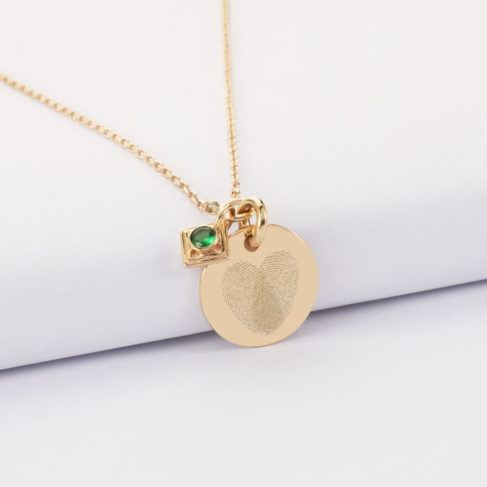 Collier talisman vert personnalisé médaille plaqué or 15 mm - empreinte