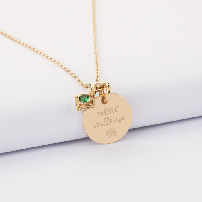 Collier talisman vert personnalisé médaille plaqué or 15 mm - illustration "Mère veilleuse"