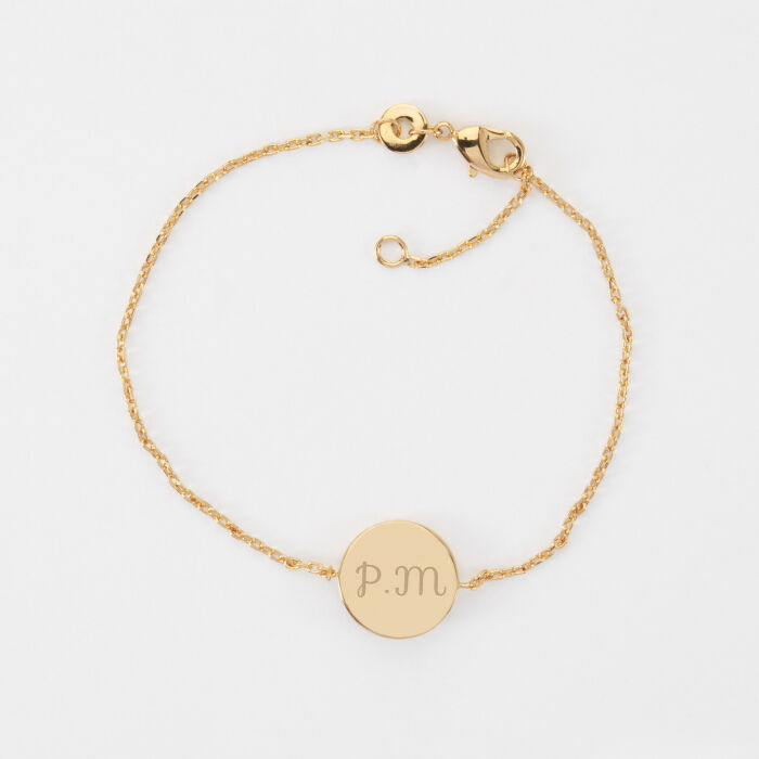 Bracelet chaîne personnalisé médaille gravée plaqué or initiale email noir soleil 12 mm - initiales PM