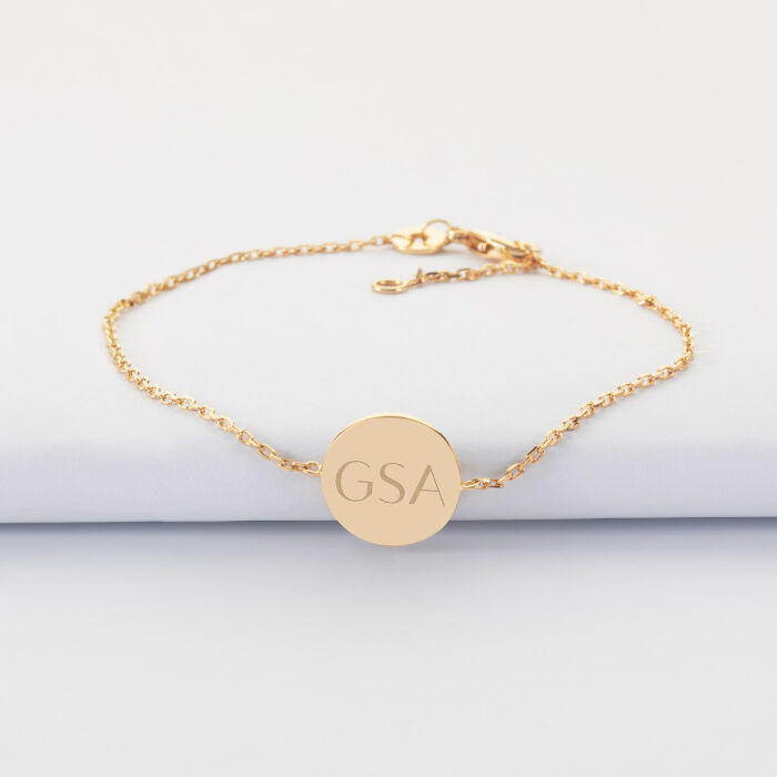 Bracelet chaîne personnalisé médaille gravée plaqué or initiale email noir soleil 12 mm - initiales GSA
