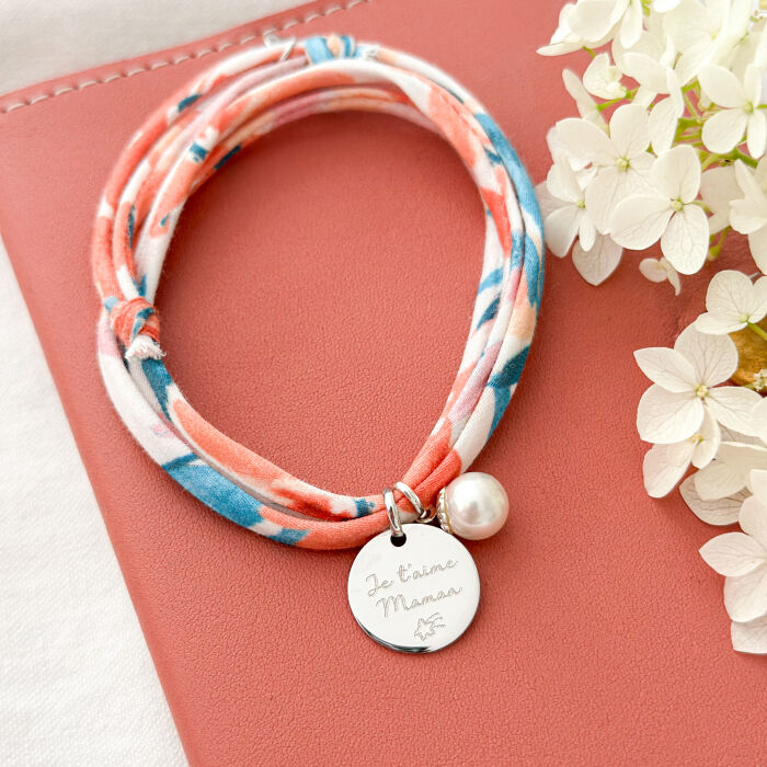 Bracelet 3 tours Liberty personnalisé médaille gravée argent 15 mm - mix & match