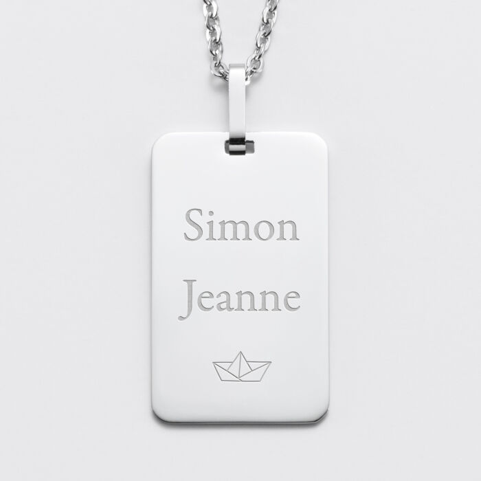 Pendentif homme personnalisé médaille gravée acier 20x32 mm prénoms