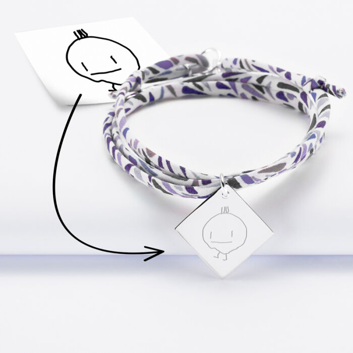 Bracelet 3 tours Liberty personnalisé médaille gravée argent dormeuse losange 25x25 mm - dessin