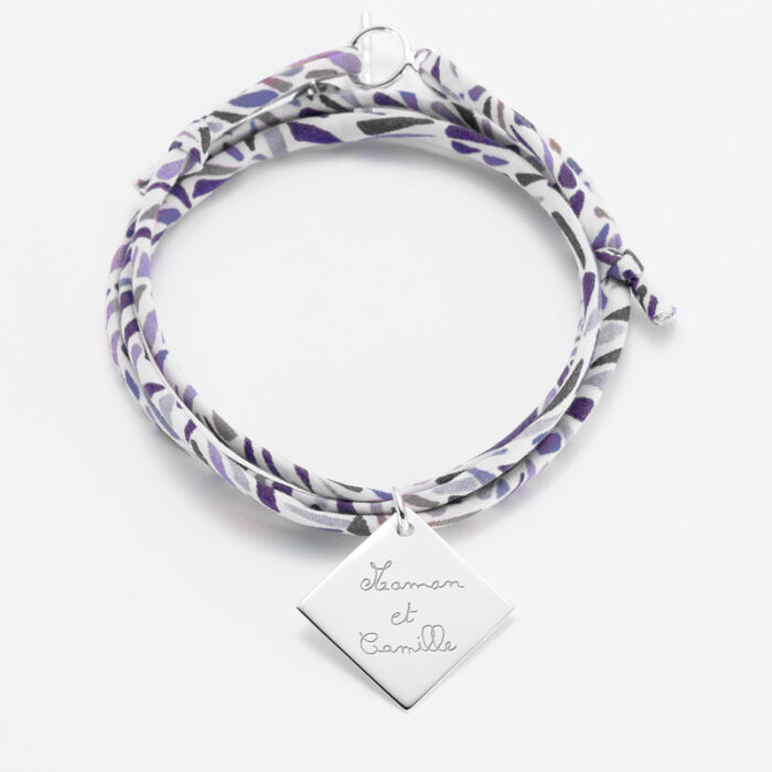 Bracelet 3 tours Liberty personnalisé médaille gravée argent dormeuse losange 25x25 mm - écrit