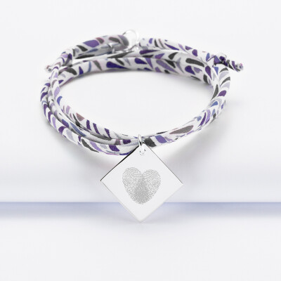 Bracelet 3 tours Liberty personnalisé médaille gravée argent dormeuse losange 25x25 mm - empreintes digitales