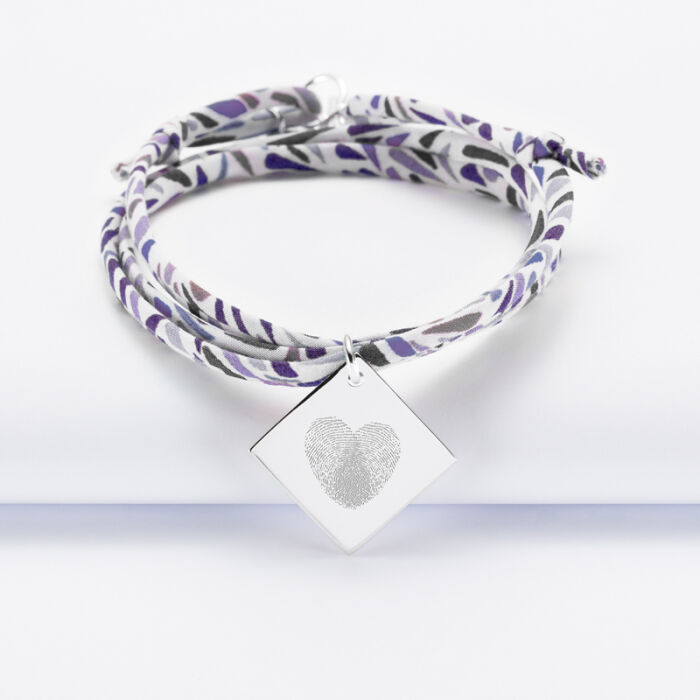 Bracelet 3 tours Liberty personnalisé médaille gravée argent dormeuse losange 25x25 mm - empreintes digitales