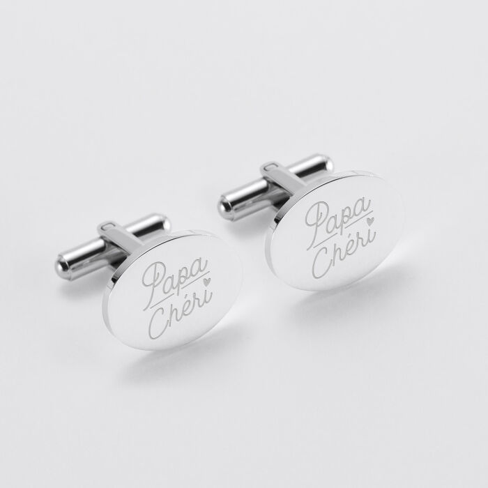 Boutons de manchettes personnalisés gravés plaqué argent ovale 15x19 mm - illustrations