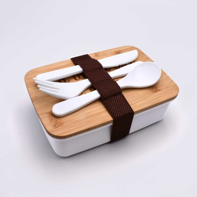Lunch box personnalisé couvercle bois gravé 700ml avec couverts - dessus