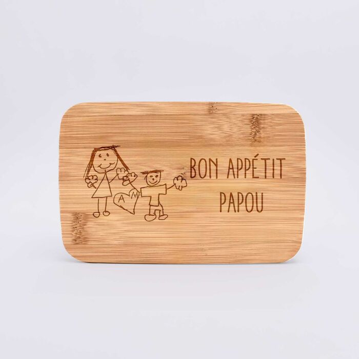 Lunch box personnalisé couvercle bois gravé 700ml avec couverts - dessin