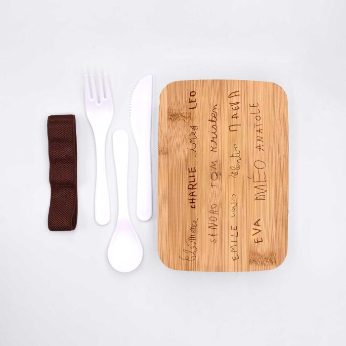 Lunch box personnalisé couvercle bois gravé 700ml avec couverts - haut