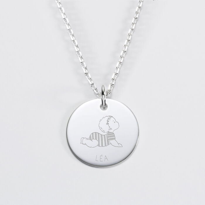 Pendentif personnalisé prénom médaille gravée argent 19 mm - HappyBulle x Marie Savart - bébé marinière