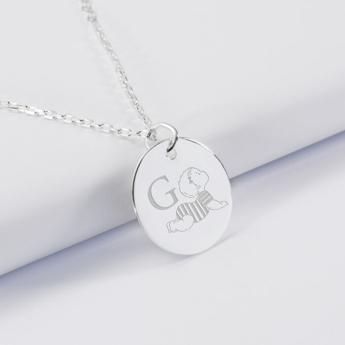 Pendentif personnalisé initiale médaille gravée argent 19 mm - HappyBulle x Marie Savart - bébé marinière