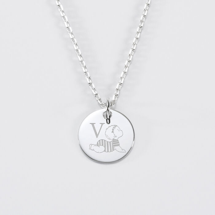 Pendentif personnalisé initiale médaille gravée argent 15 mm - HappyBulle x Marie Savart - bambin marinière