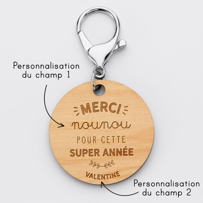 Porte clé personnalisé  gravée bois médaille ronde 50mm - Merci Maîtresse - nounou
