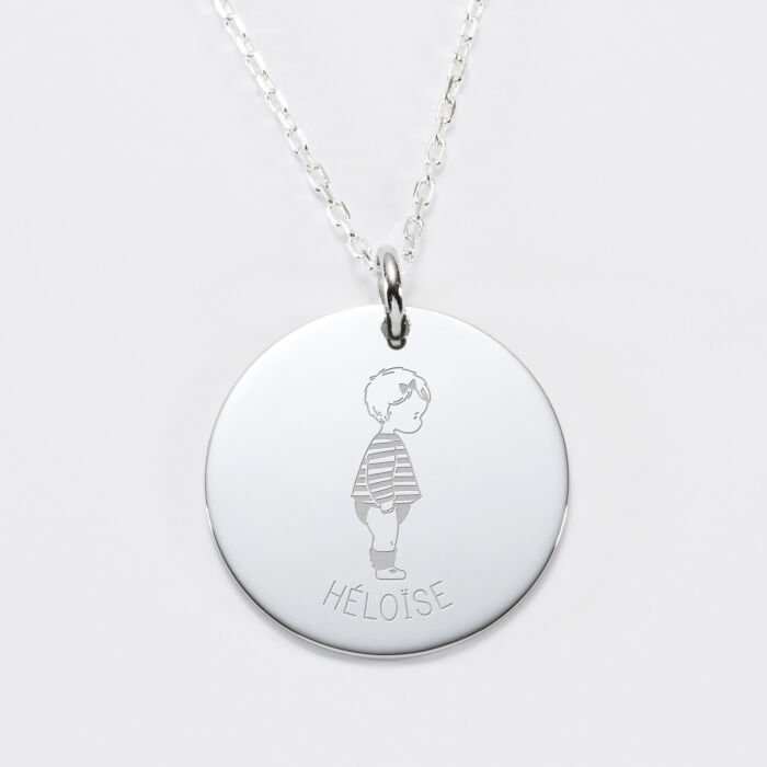 Pendentif personnalisé prénom médaille gravée argent 27 mm - HappyBulle x Marie Savart - bambin marinière