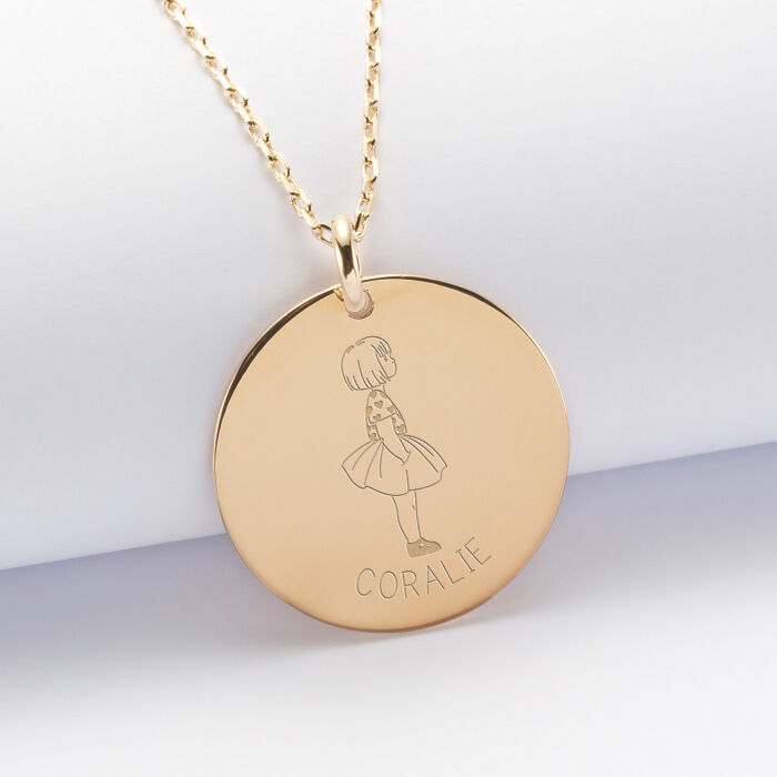 Pendentif personnalisé prénom médaille gravée plaqué or 27 mm - HappyBulle x Marie Savart - fille cœur