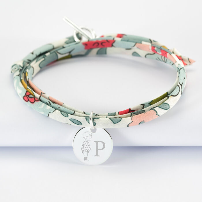 Bracelet 3 tours Liberty personnalisé initiale médaille gravée argent 15 mm - HappyBulle x Marie Savart - bambin coeur