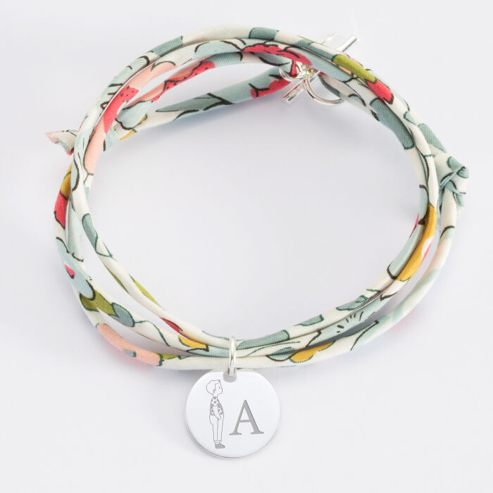 Bracelet 3 tours Liberty personnalisé initiale médaille gravée argent 15 mm - HappyBulle x Marie Savart - garçon coeur