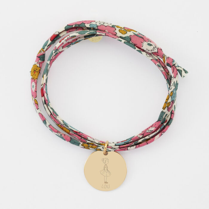 Bracelet 3 tours Liberty personnalisé prénom médaille gravée plaqué or 19 mm - HappyBulle x Marie Savart - fille cœur