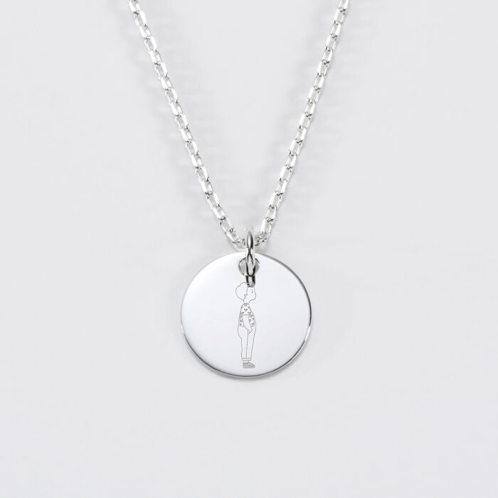 Pendentif enfant personnalisé illustration médaille gravée argent 15 mm - HappyBulle x Marie Savart - garçon coeur
