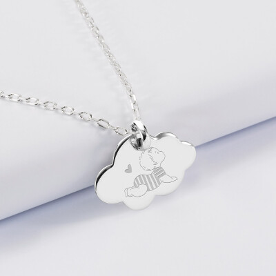 Pendentif enfant personnalisé illustration bébé médaille gravée argent dormeuse nuage 20x14 mm - HappyBulle x Marie Savart - bébé marinière