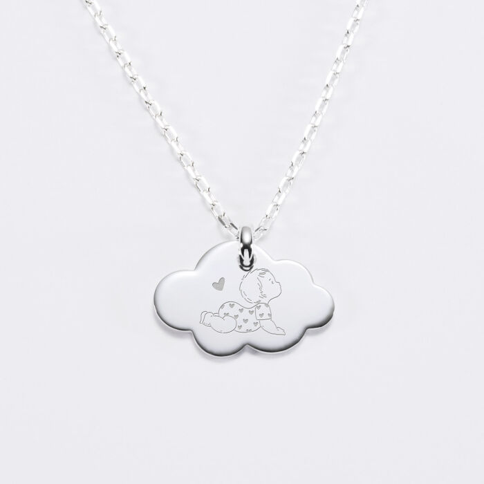 Pendentif enfant personnalisé illustration bébé médaille gravée argent dormeuse nuage 20x14 mm - HappyBulle x Marie Savart - bébé coeur