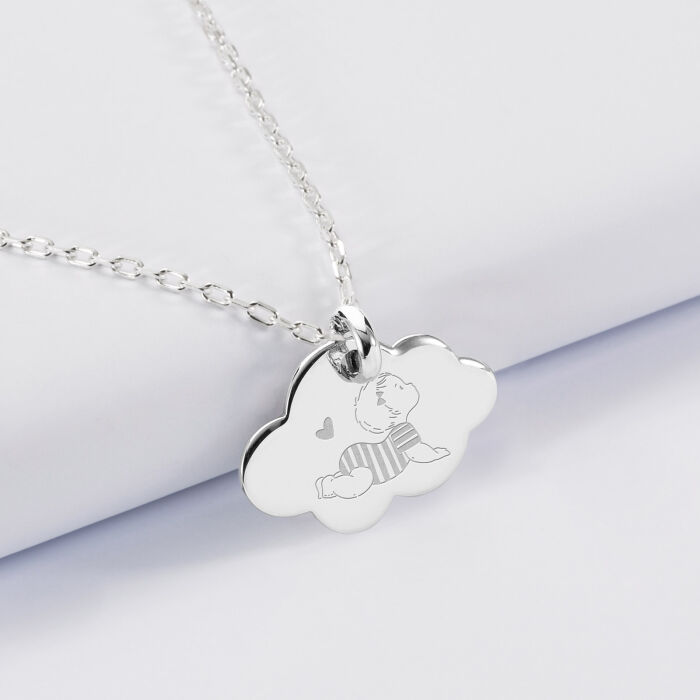 Pendentif enfant personnalisé illustration bébé médaille gravée argent dormeuse nuage 20x14 mm - HappyBulle x Marie Savart - bébé marinière 2