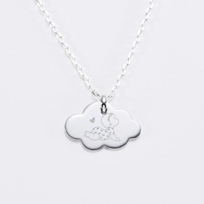 Pendentif enfant personnalisé illustration bébé médaille gravée argent dormeuse nuage 20x14 mm - HappyBulle x Marie Savart - bébé coeur 2